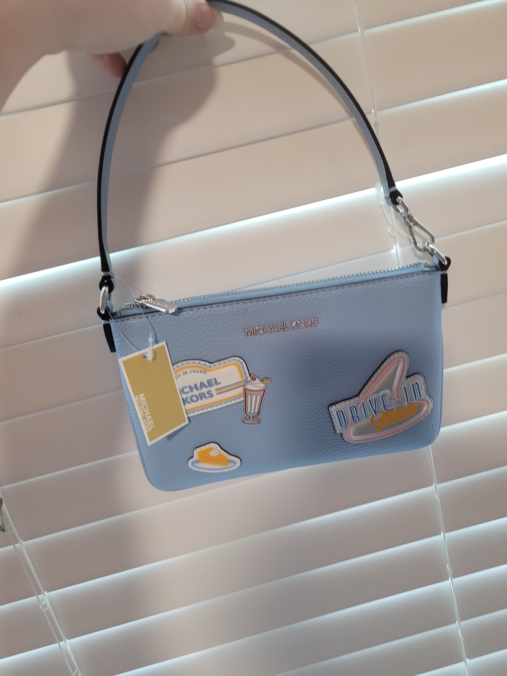 Michael Kors Light Blue Leather Mini Wristlet with Patch Accents